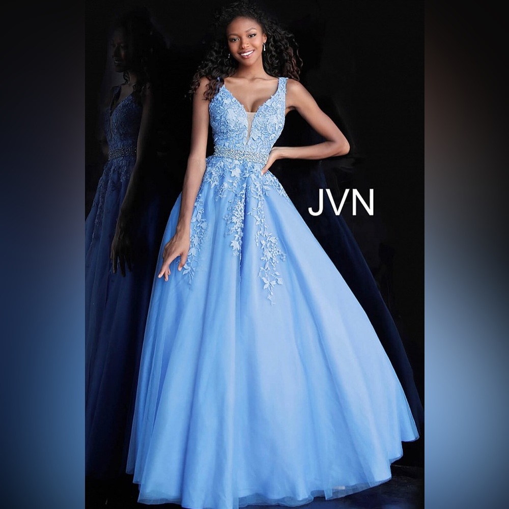 JVN by Jovani Blue V Neck Tulle Prom Ball Gown Lace Floral Appliqués